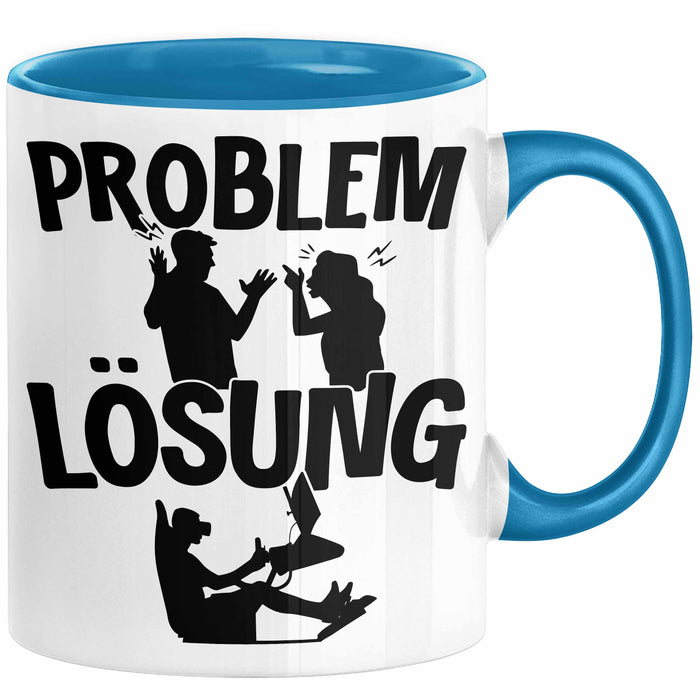 VR Gamer Tasse Geschenk für Gamer Zocker Männer Geschenkidee Problem und Lösung Zocken Blau Trendation