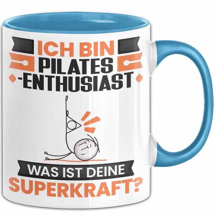 Pilates-Enthusiast Tasse Geschenk für Pilates-Enthusiast Geburtstag Lustiger Spruch Kaffee-Becher Was Ist Deine Superkraft Blau Trendation