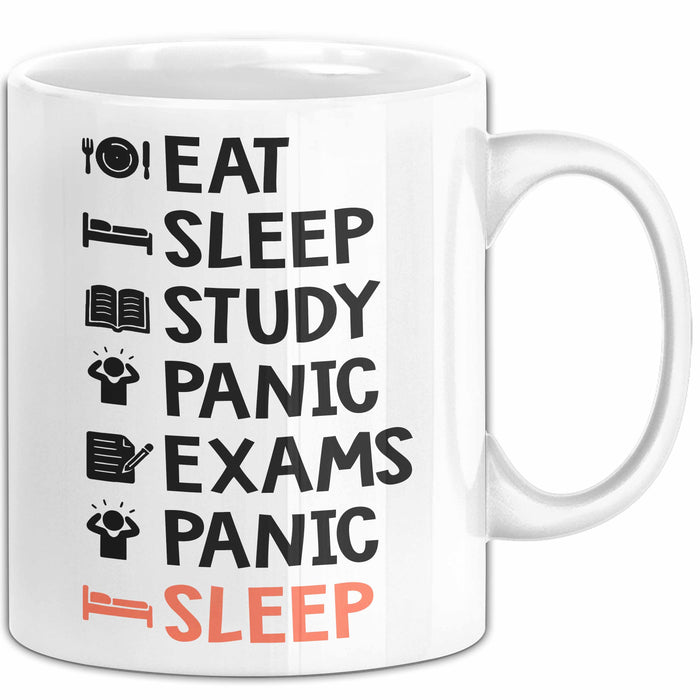Medizinstudent Arzt Tasse Geschenk Lustige Geschenkidee Spruch Essen Schlafen Lernen Panik Prüfungen Panik Schlafen Weiß Trendation