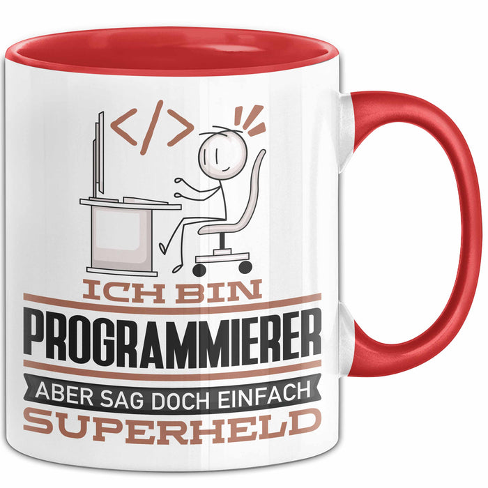 Programmierer Geschenk Tasse Ich Bin Programmierer Aber Sag Doch Einfach Superheld Lustige Geschenkdiee für Programmierer Kaffee-Becher Rot Trendation
