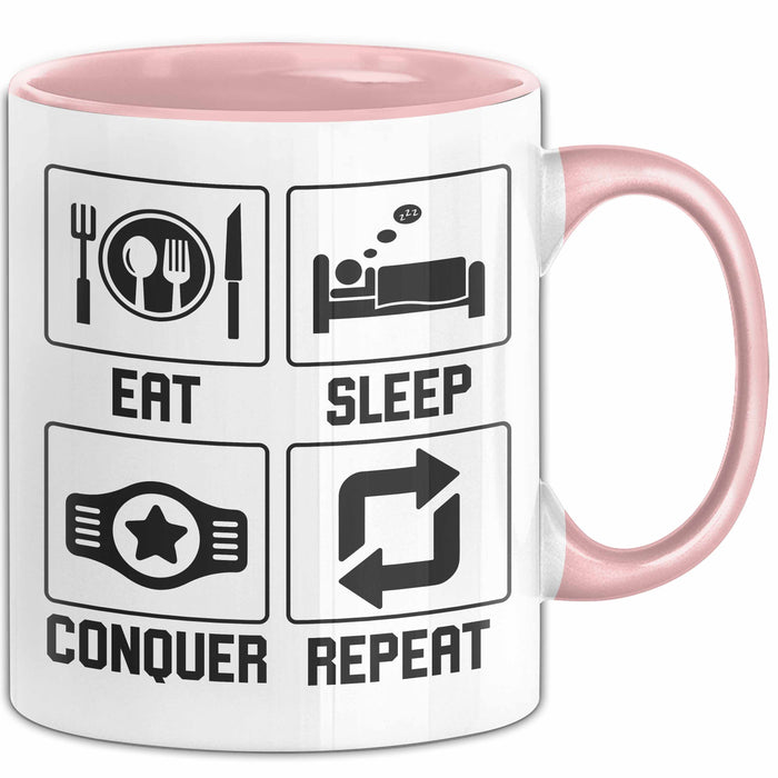 Gamer Tasse Geschenk Eat Sleep Conquer Repeat Geschenkidee Becher Rosa Trendation