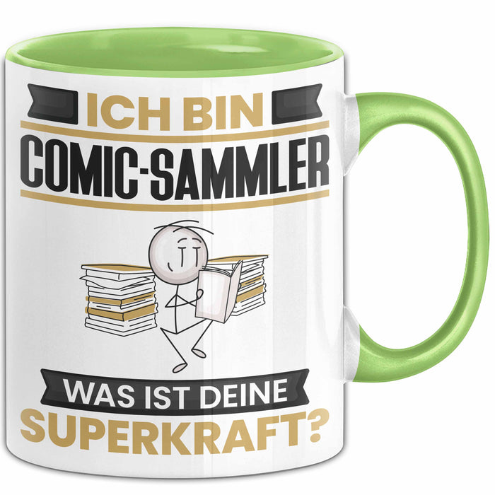 Comic-Sammler Tasse Geschenk für Comic-Sammler Geburtstag Lustiger Spruch Kaffee-Becher Was Ist Deine Superkraft Grün Trendation