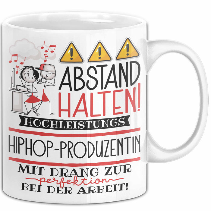 Hiphop-Produzentin Tasse Geschenk Lustig Abstand Halten Hochleistungs-Hiphop-Produzentin Mit Drang Zur Perfektion Bei Der Arbeit Weiß Trendation