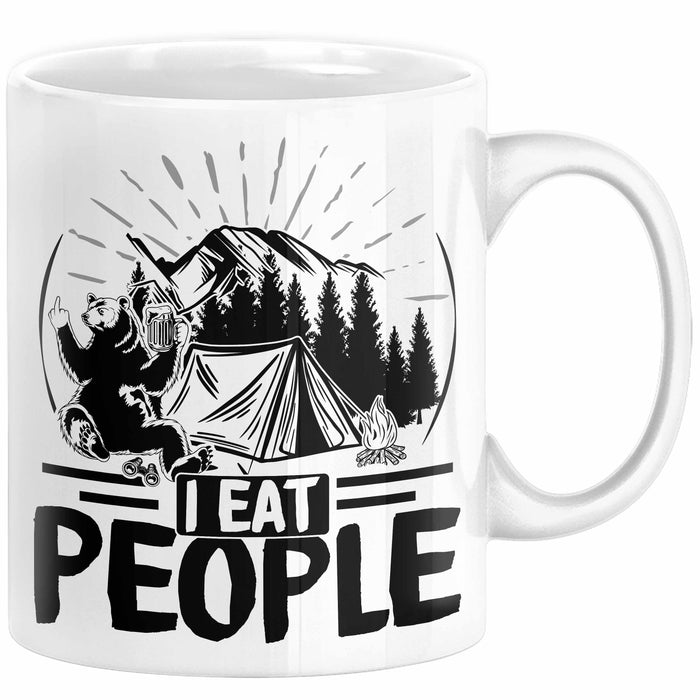 Camping Tasse Geschenk I Eat People Bär Kaffee-Becher Geschenkidee Camper Outdoor Weiß Trendation