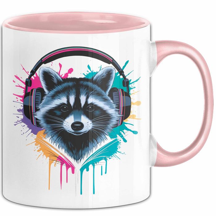 Waschbär Tierliebhaber Musik Kopfhörer Tasse Geschenk Lustige Geschenkidee Spruch Rosa Trendation