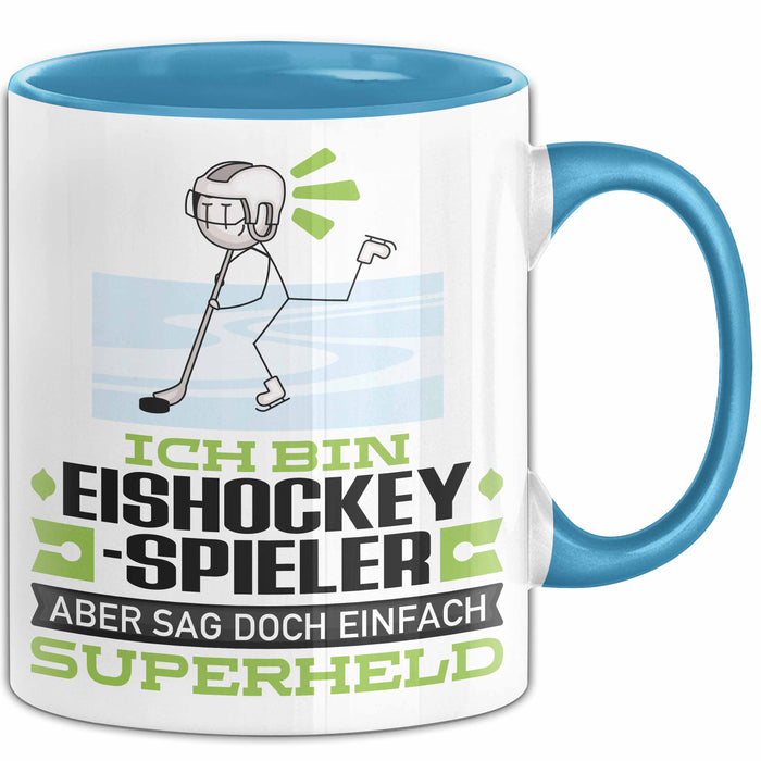 Eishockeyspieler Geschenk Tasse Ich Bin Eishockeyspieler Aber Sag Doch Einfach Superheld Lustige Geschenkdiee für Eishockeyspieler Kaffee-Becher Blau Trendation