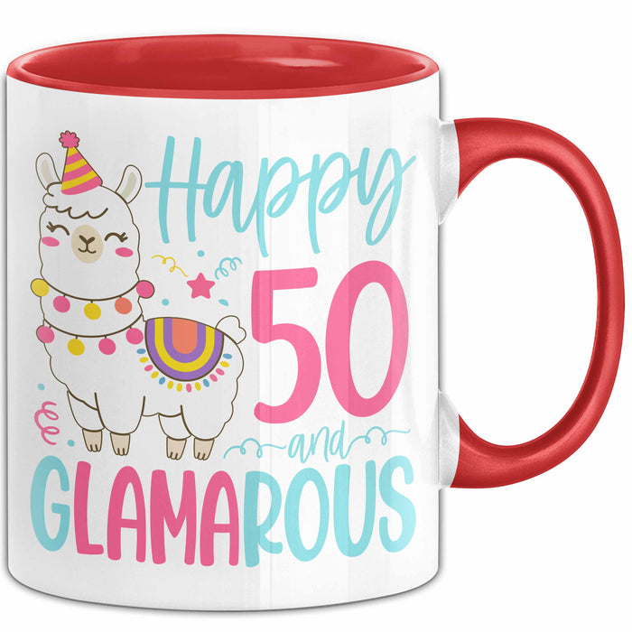 50er Geburtstag Tasse Geschenk Happy 50 And Glamarous Llama Alpaka Liebhaber Geschenkidee zum Geburtstag Rot Trendation