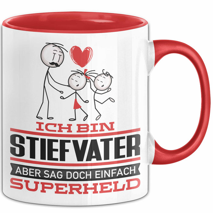 Stiefvater Geschenk Tasse Ich Bin Stiefvater Aber Sag Doch Einfach Superheld Lustige Geschenkdiee für Stiefvater Kaffee-Becher Rot Trendation