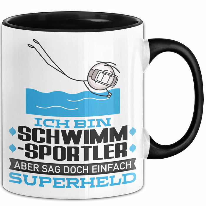 Schwimmsportler Geschenk Tasse Ich Bin Schwimmsportler Aber Sag Doch Einfach Superheld Lustige Geschenkdiee für Schwimmsportler Kaffee-Becher Schwarz Trendation