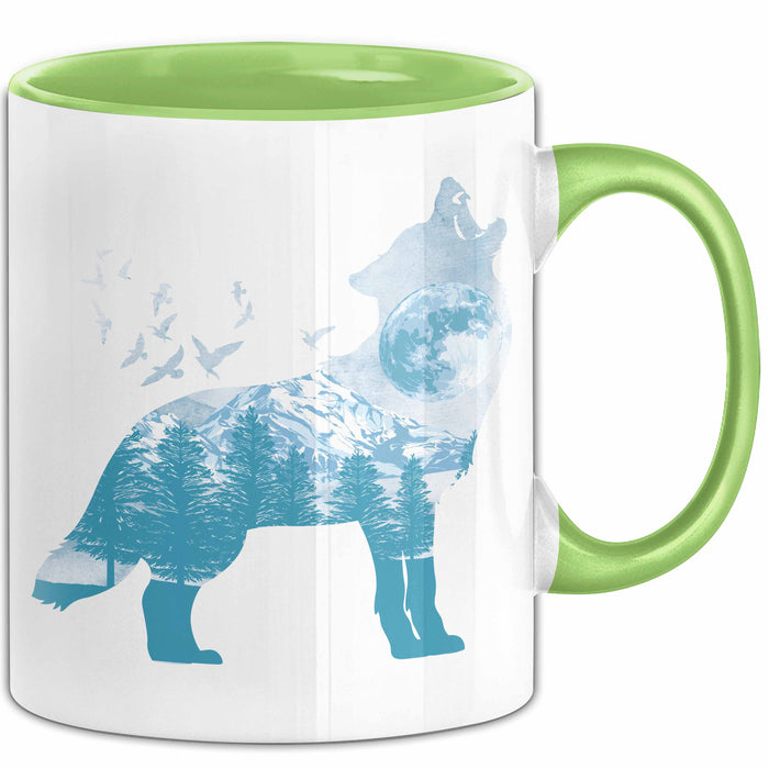 Wolf Tasse Geschenk Heulender Wolf Vögel Mond Silhouetten Geschenkidee Lustig Grün Trendation