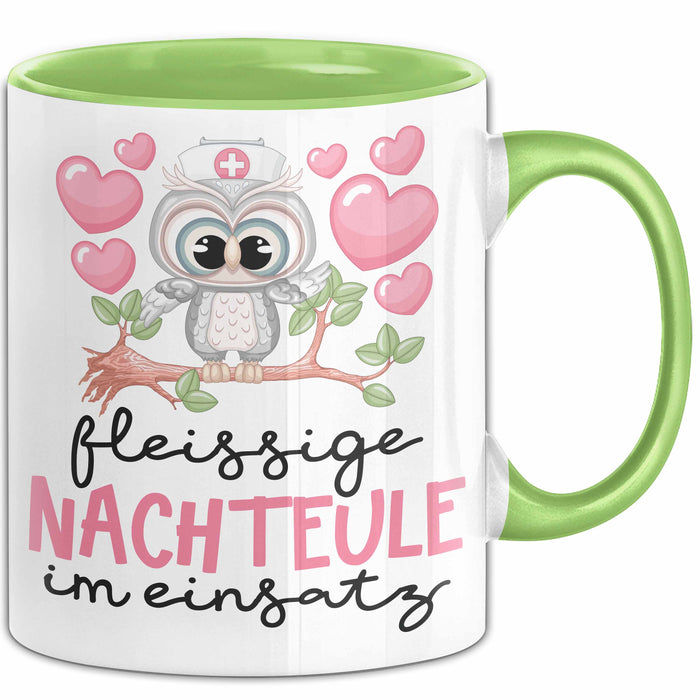 Frau Geschenk Tasse Fleissige Nachteule Im Einsatz Geschenkdiee Für Eulen-Fans Kaffee-Becher Grün Trendation