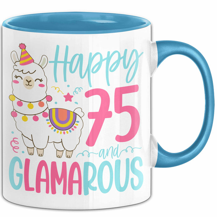 75er Geburtstag Tasse Geschenk Happy 75 And Glamarous Llama Alpaka Liebhaber Geschenkidee zum Geburtstag Blau Trendation