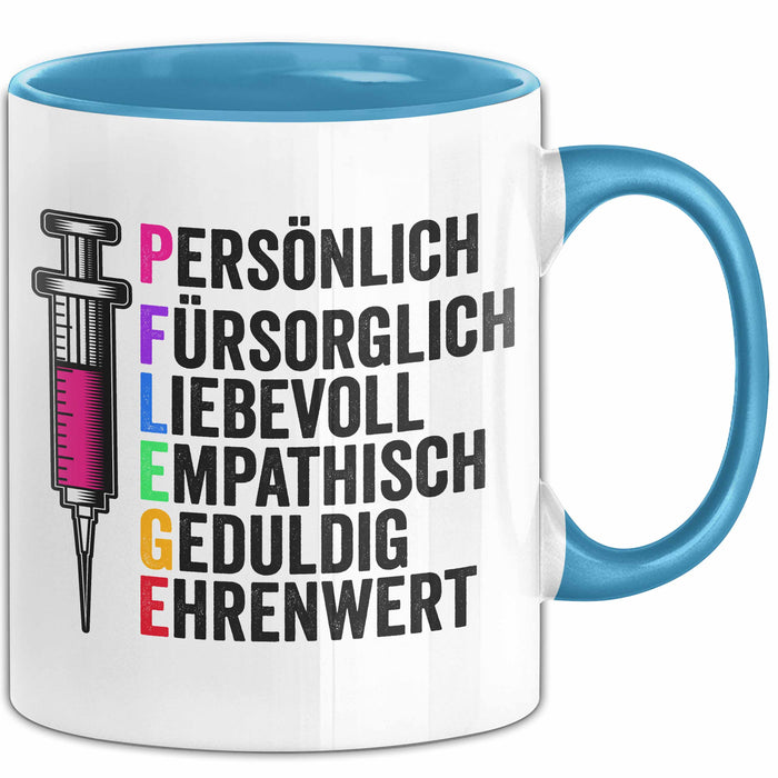 Krankenschwester Pflege Betreuung Tasse Geschenk Lustige Geschenkidee Spruch Pflege Blau Trendation