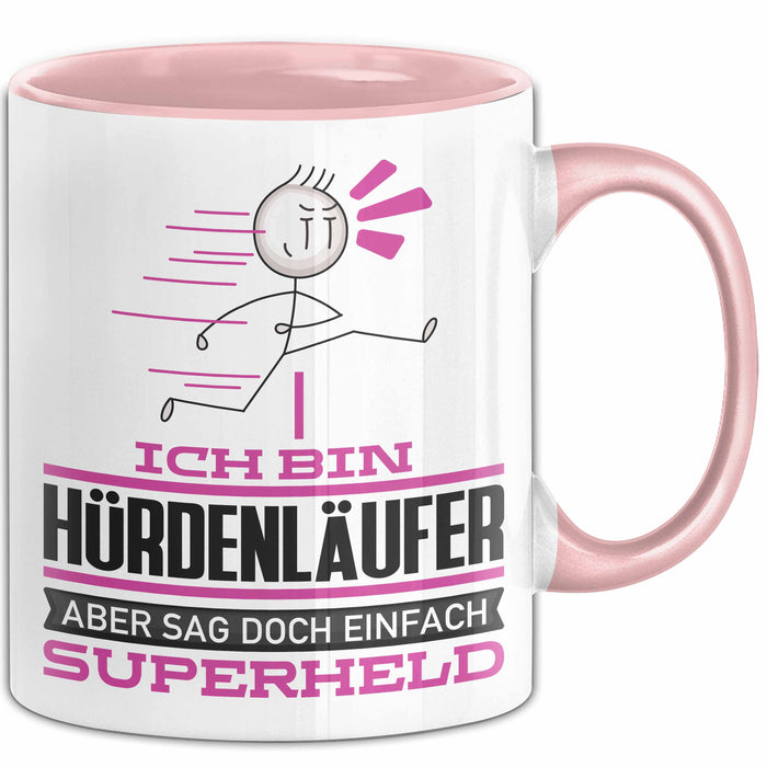 Hürdenläufer Geschenk Tasse Ich Bin Hürdenläufer Aber Sag Doch Einfach Superheld Lustige Geschenkdiee für Hürdenläufer Kaffee-Becher Rosa Trendation