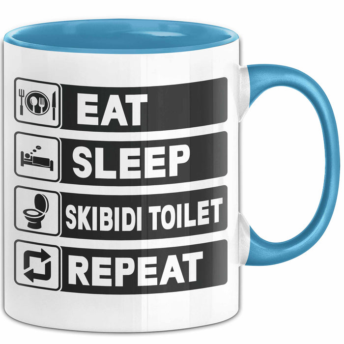 Skibidi Toilet Tasse Geschenk Meme Eat Sleet Repeat Becher Geschenkdiee Blau Trendation