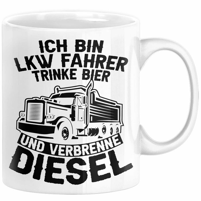 LKW Fahrer Tasse Geschenk Ich Bin LKW Fahrer Trinke Bier und Verbrenne Diesel Humor Geschenkidee Kaffee-Becher Weiß Trendation