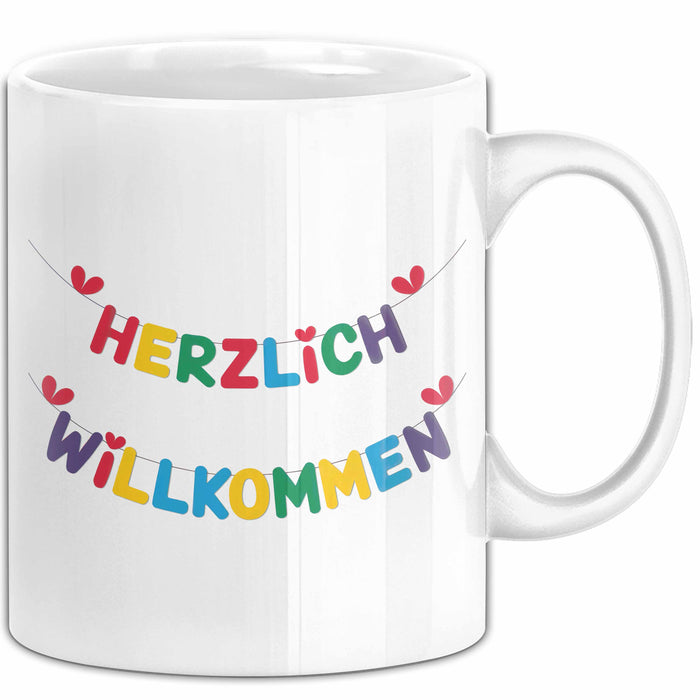 Willkommensparty Dekoration Tasse Geschenk Lustige Geschenkidee Spruch Herzlich Willkommen Weiß Trendation