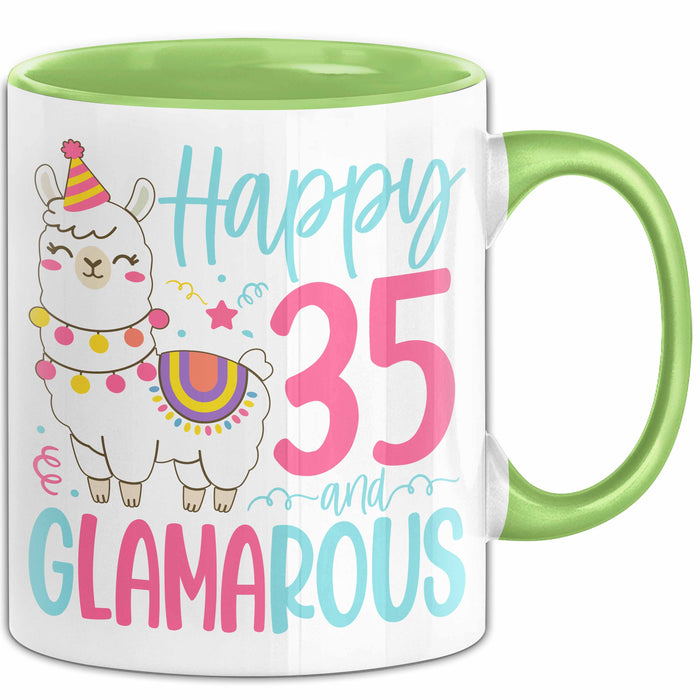 35er Geburtstag Tasse Geschenk Happy 35 And Glamarous Llama Alpaka Liebhaber Geschenkidee zum Geburtstag Grün Trendation