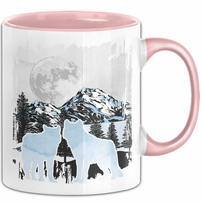 Wolf Tasse Geschenk Silhouetten Berglandschaft Vollmond Geschenkidee Rosa Trendation