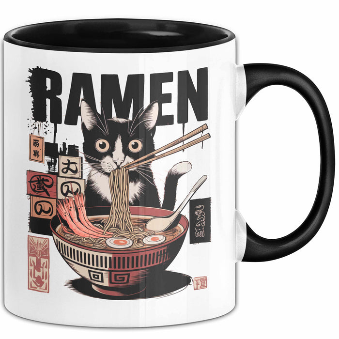 Katzen Tierliebhaber Tasse Geschenk Lustige Geschenkidee Spruch Katze Isst Ramen Nudeln Schwarz Trendation