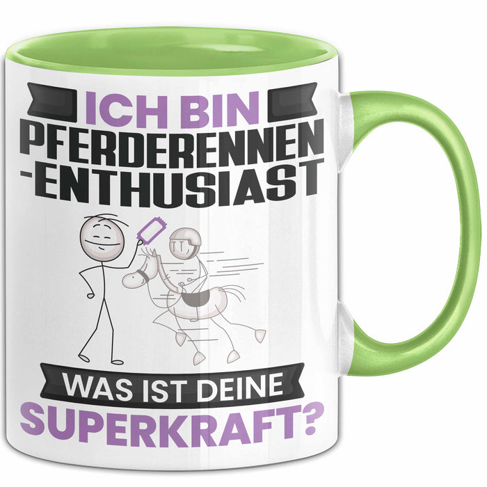Pferderennen-Enthusiast Tasse Geschenk für Pferderennen-Enthusiast Geburtstag Lustiger Spruch Kaffee-Becher Was Ist Deine Superkraft Grün Trendation