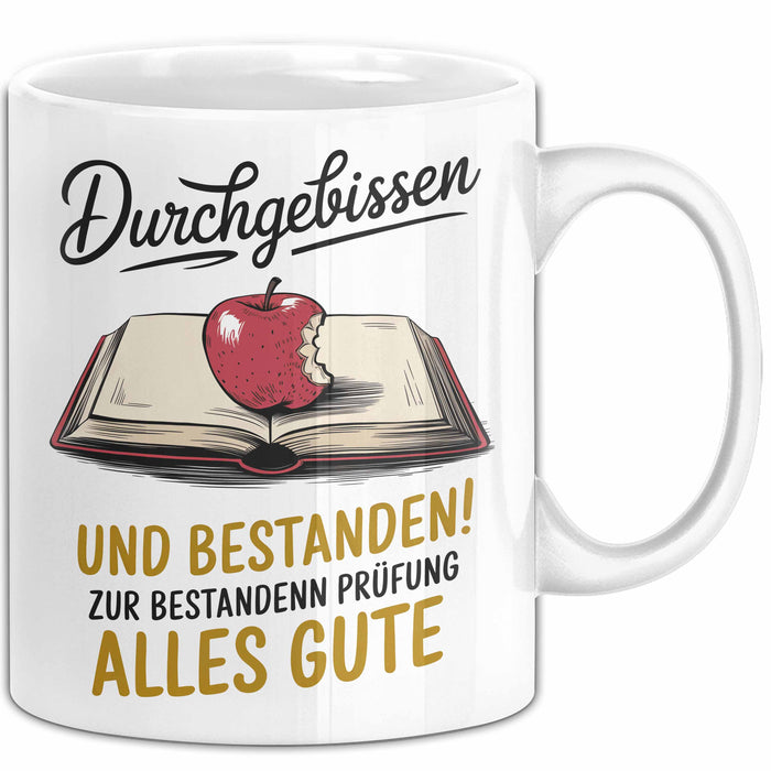 Schüler Abschluss Tasse Geschenk Lustige Geschenkidee Spruch Durchgebissen Und Bestanden Weiß Trendation