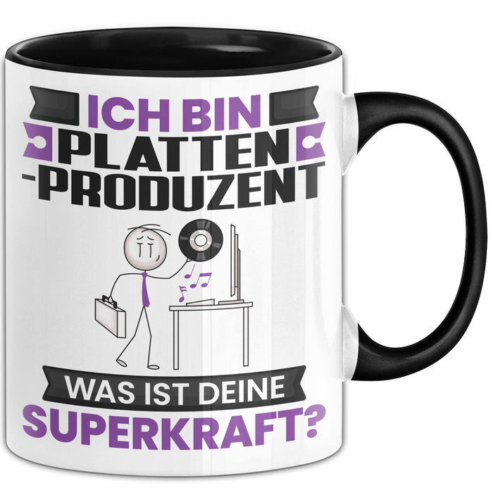 Plattenproduzent Tasse Geschenk für Plattenproduzent Geburtstag Lustiger Spruch Kaffee-Becher Was Ist Deine Superkraft Schwarz Trendation