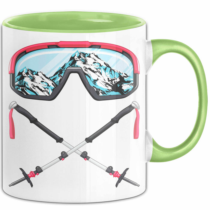 Ski Tasse Geschenk Grafik Skibrille Skistöcker Becher Grün Trendation
