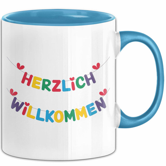 Willkommensparty Dekoration Tasse Geschenk Lustige Geschenkidee Spruch Herzlich Willkommen Blau Trendation