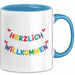 Willkommensparty Dekoration Tasse Geschenk Lustige Geschenkidee Spruch Herzlich Willkommen Blau Trendation