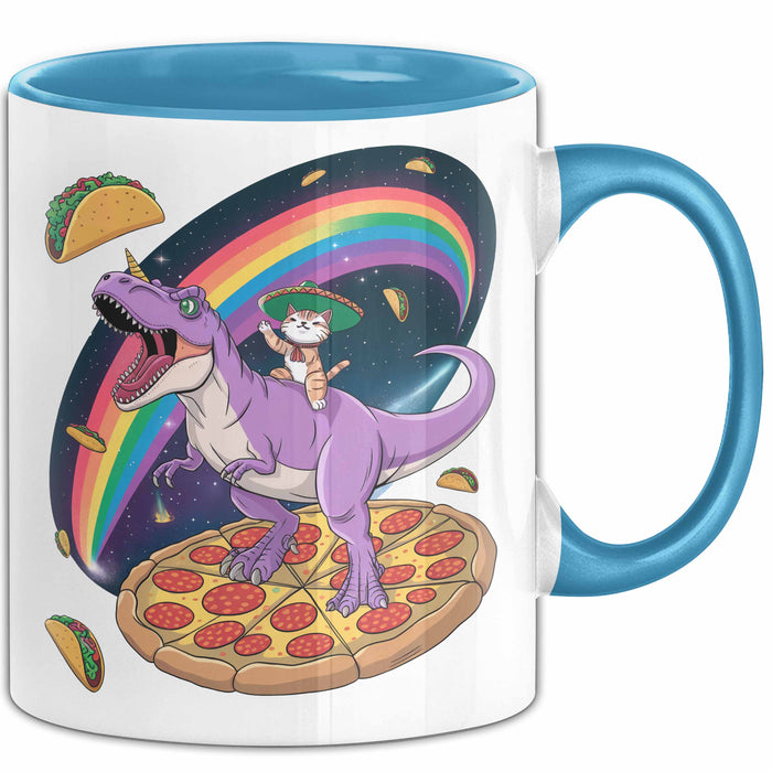 Katzen Tasse Geschenk Katze reitet Dinosaurier & isst Pizza Blau Trendation