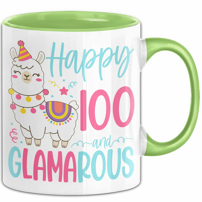 100er Geburtstag Tasse Geschenk Happy 100 And Glamarous Llama Alpaka Liebhaber Geschenkidee zum Geburtstag Grün Trendation