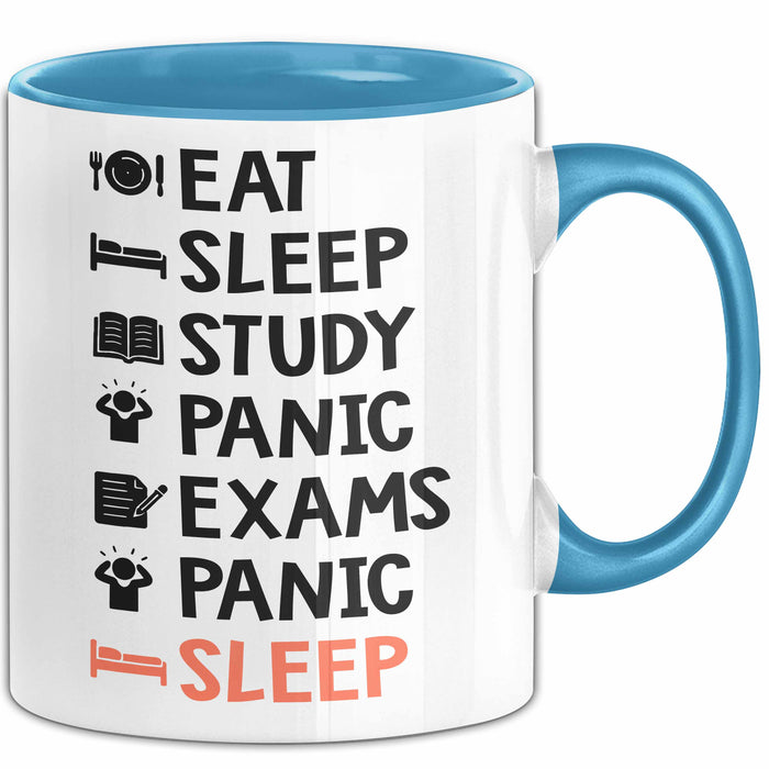 Medizinstudent Arzt Tasse Geschenk Lustige Geschenkidee Spruch Essen Schlafen Lernen Panik Prüfungen Panik Schlafen Blau Trendation