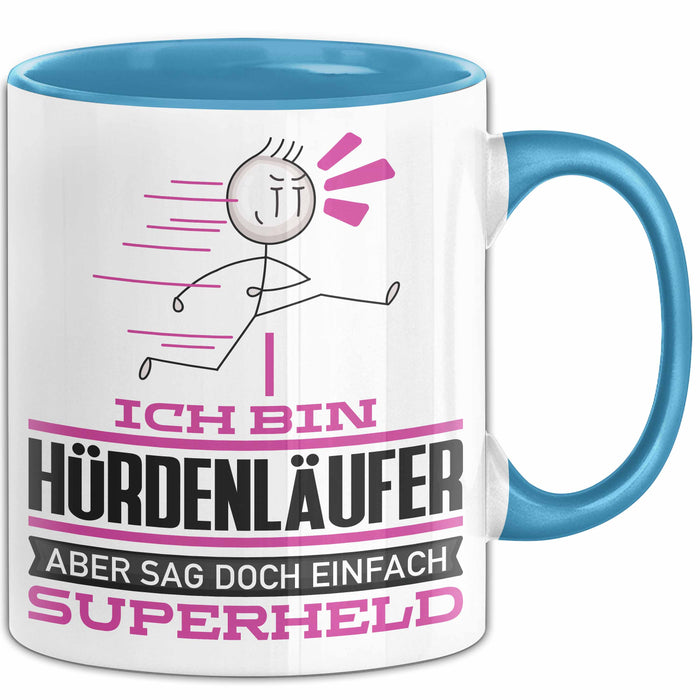 Hürdenläufer Geschenk Tasse Ich Bin Hürdenläufer Aber Sag Doch Einfach Superheld Lustige Geschenkdiee für Hürdenläufer Kaffee-Becher Blau Trendation