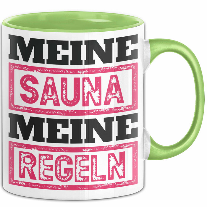 Witzige Tasse Geschenk Meine Sauna Meine Regeln Spruch Grün Trendation