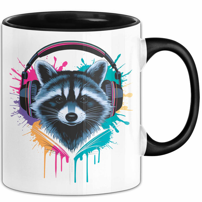 Waschbär Tierliebhaber Musik Kopfhörer Tasse Geschenk Lustige Geschenkidee Spruch Schwarz Trendation