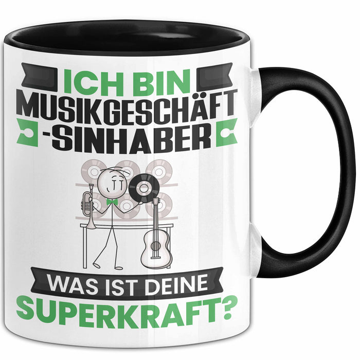 Musikgeschäftsinhaber Tasse Geschenk für Musikgeschäftsinhaber Geburtstag Lustiger Spruch Kaffee-Becher Was Ist Deine Superkraft Schwarz Trendation