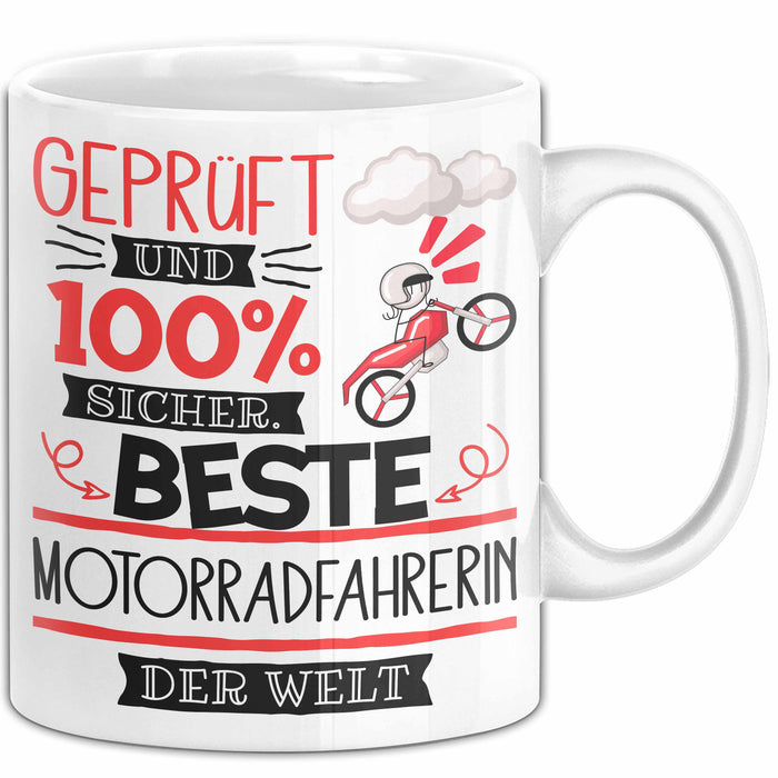 Beste Motorradfahrerin Der Welt Tasse Geschenk für Eine Motorradfahrerin Geprüft Und Sicher Geschenkidee Geburtstag Weihnachten Weiß Trendation