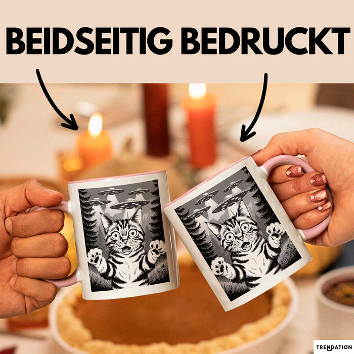Katzen Tierliebhaber Tasse Geschenk Lustige Geschenkidee Spruch Alien UFO Katze Rosa Trendation