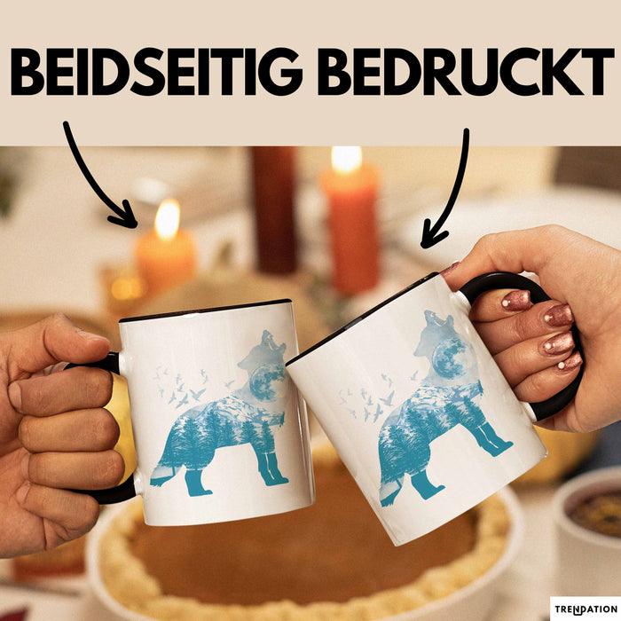 Wolf Tasse Geschenk Heulender Wolf Vögel Mond Silhouetten Geschenkidee Lustig Schwarz Trendation