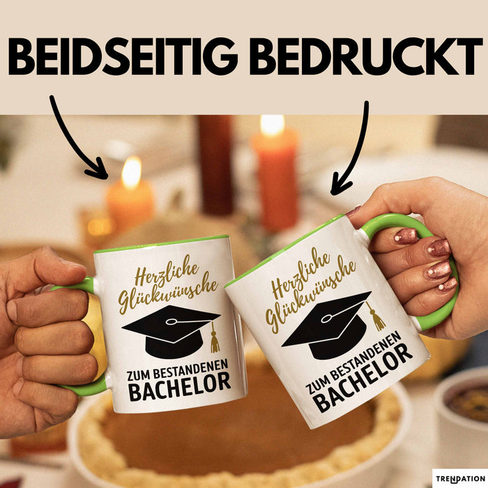 Schüler Abschluss Tasse Geschenk Lustige Geschenkidee Spruch Herzliche Glückwünsche Zum Bestandenen Bachelor Grün Trendation