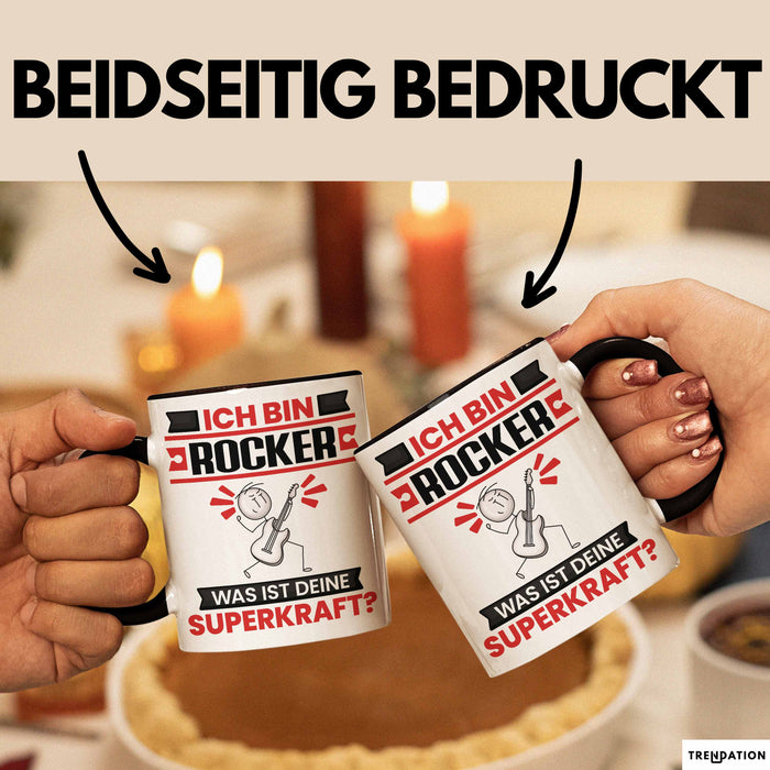 Rocker Tasse Geschenk für Rocker Geburtstag Lustiger Spruch Kaffee-Becher Was Ist Deine Superkraft Schwarz Trendation