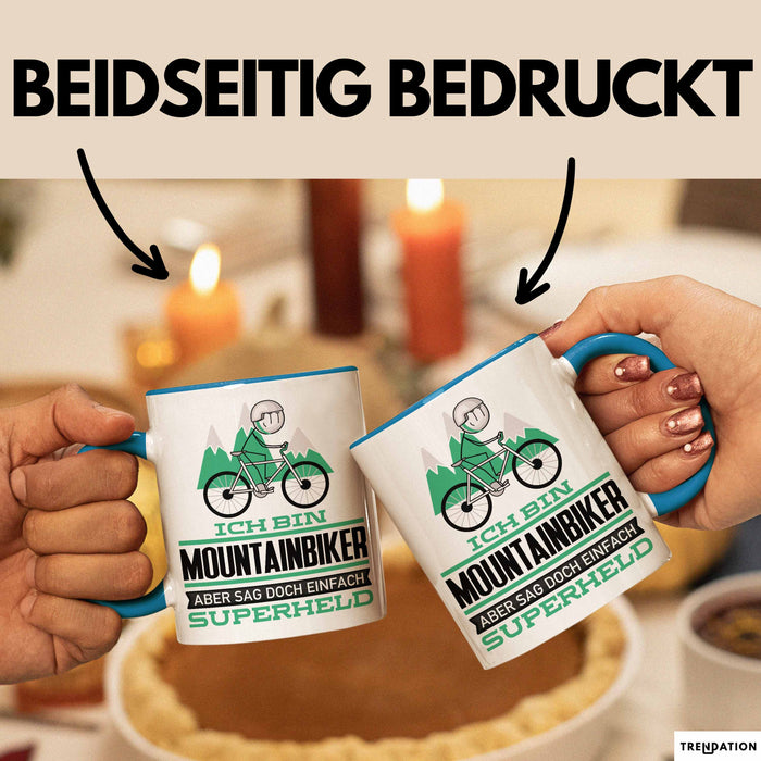 Mountainbiker Geschenk Tasse Ich Bin Mountainbiker Aber Sag Doch Einfach Superheld Lustige Geschenkdiee für Mountainbiker Kaffee-Becher Blau Trendation