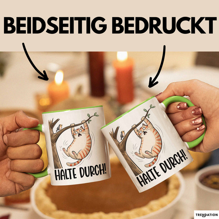 Katze Spatz Tasse Geschenk Grafik Halte Durch Geschenkidee Kaffee-Becher Grün Trendation