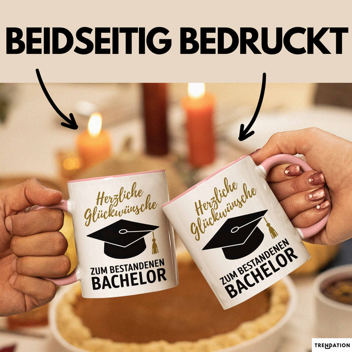 Schüler Abschluss Tasse Geschenk Lustige Geschenkidee Spruch Herzliche Glückwünsche Zum Bestandenen Bachelor Rosa Trendation