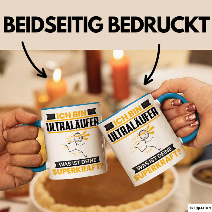 Ultraläufer Tasse Geschenk für Ultraläufer Geburtstag Lustiger Spruch Kaffee-Becher Was Ist Deine Superkraft Blau Trendation