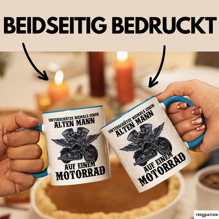 Motorradfahrer Geschenk Tasse Kaffee-Becher Motorrad Spruch Unterschätze Niemals Einen Alten Mann Auf Einem Motorrad Spruch Männer Blau Trendation