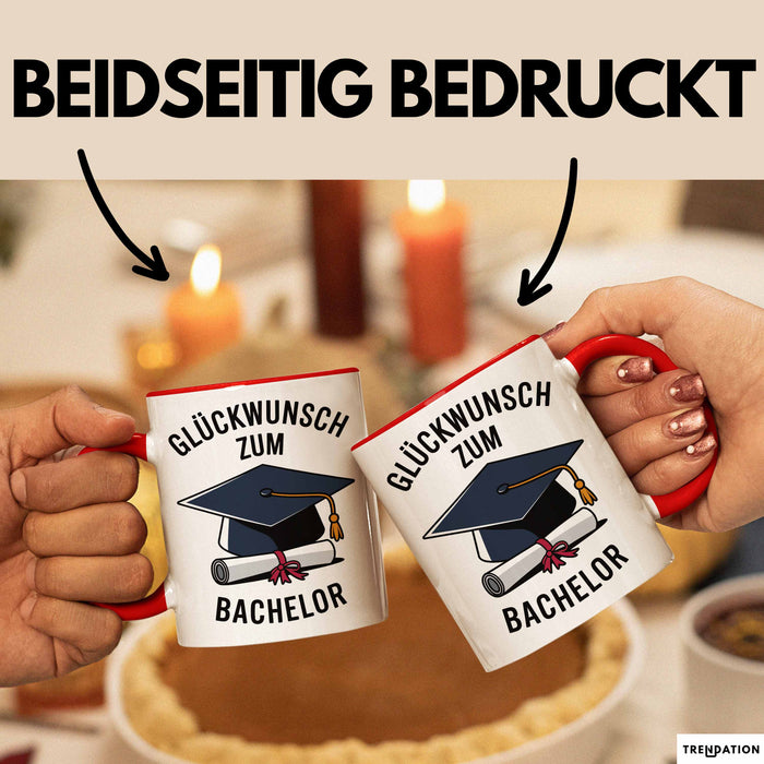 Schüler Abschluss Tasse Geschenk Lustige Geschenkidee Spruch Glückwunsch Zum Bachelor Rot Trendation
