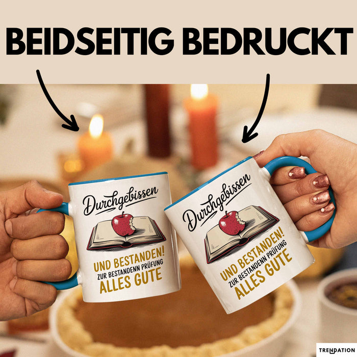 Schüler Abschluss Tasse Geschenk Lustige Geschenkidee Spruch Durchgebissen Und Bestanden Blau Trendation