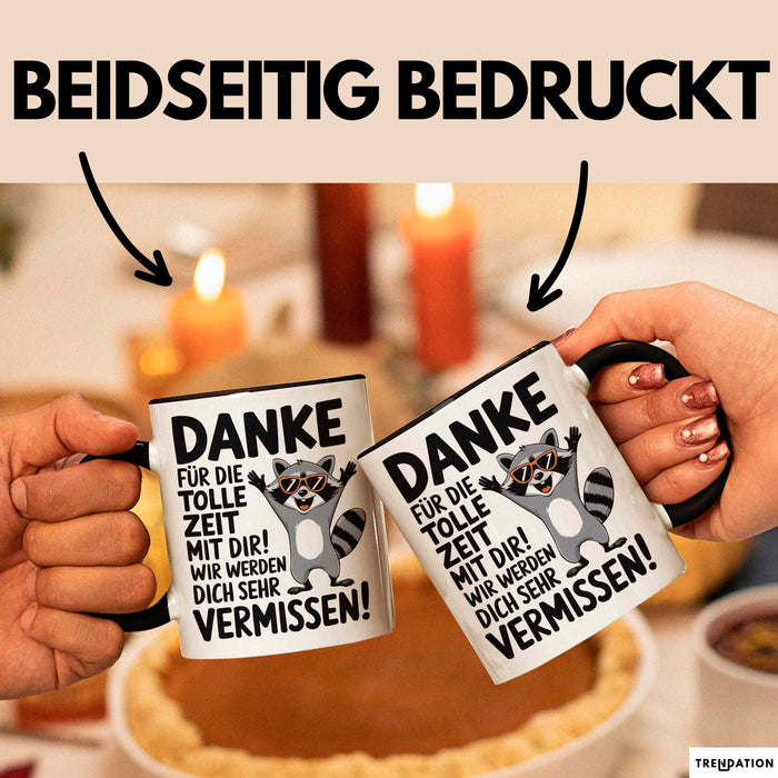 Büro Arbeit Kollege Tasse Becher Geschenk Lustige Geschenkidee Spruch Danke Für Die Tolle Zeit Mit Dir Wir Werden Dich Sehr Vermissen Schwarz Trendation